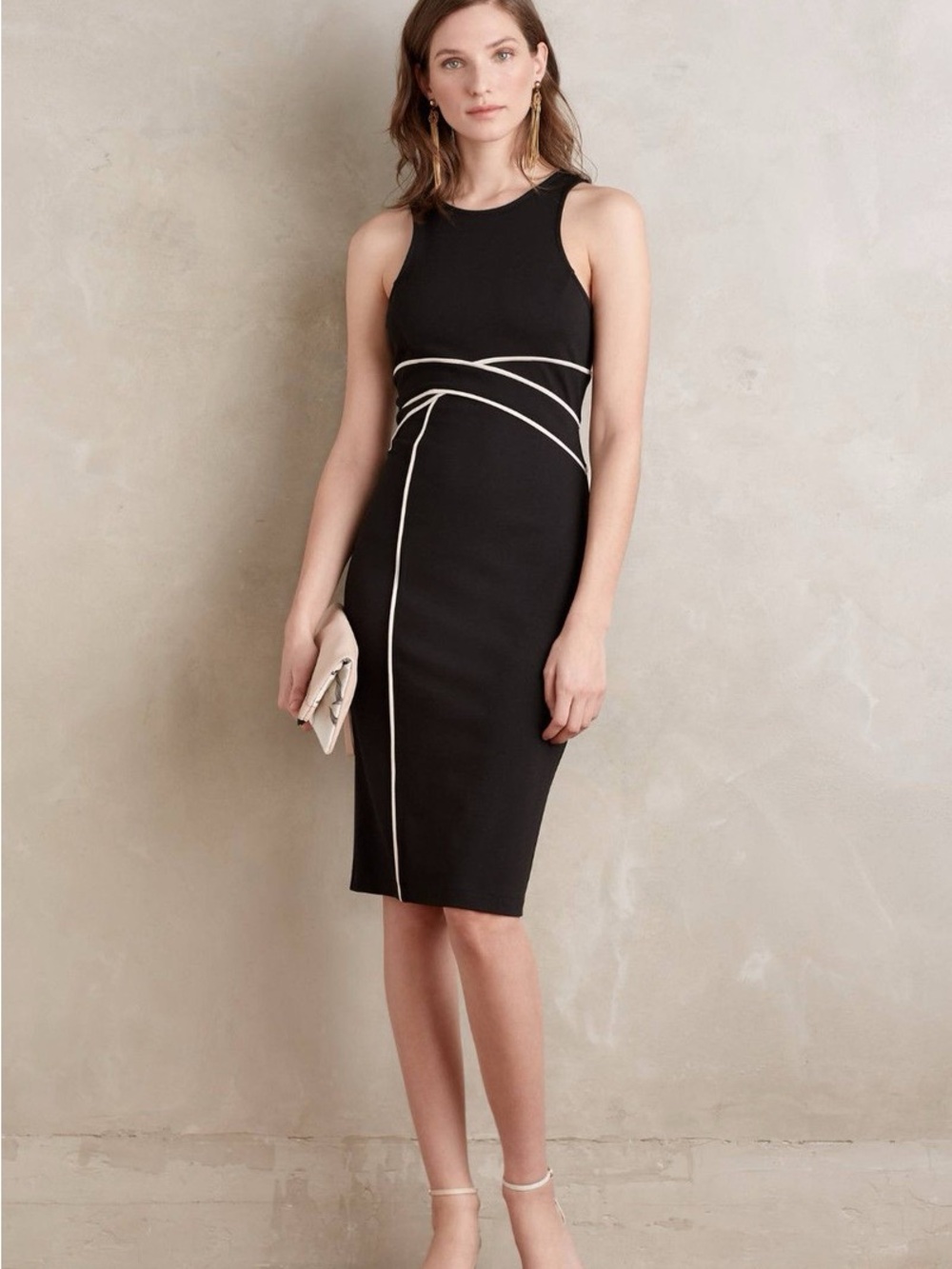 Maeve Black Catarina Black Sheath Dress with Cream Piping
